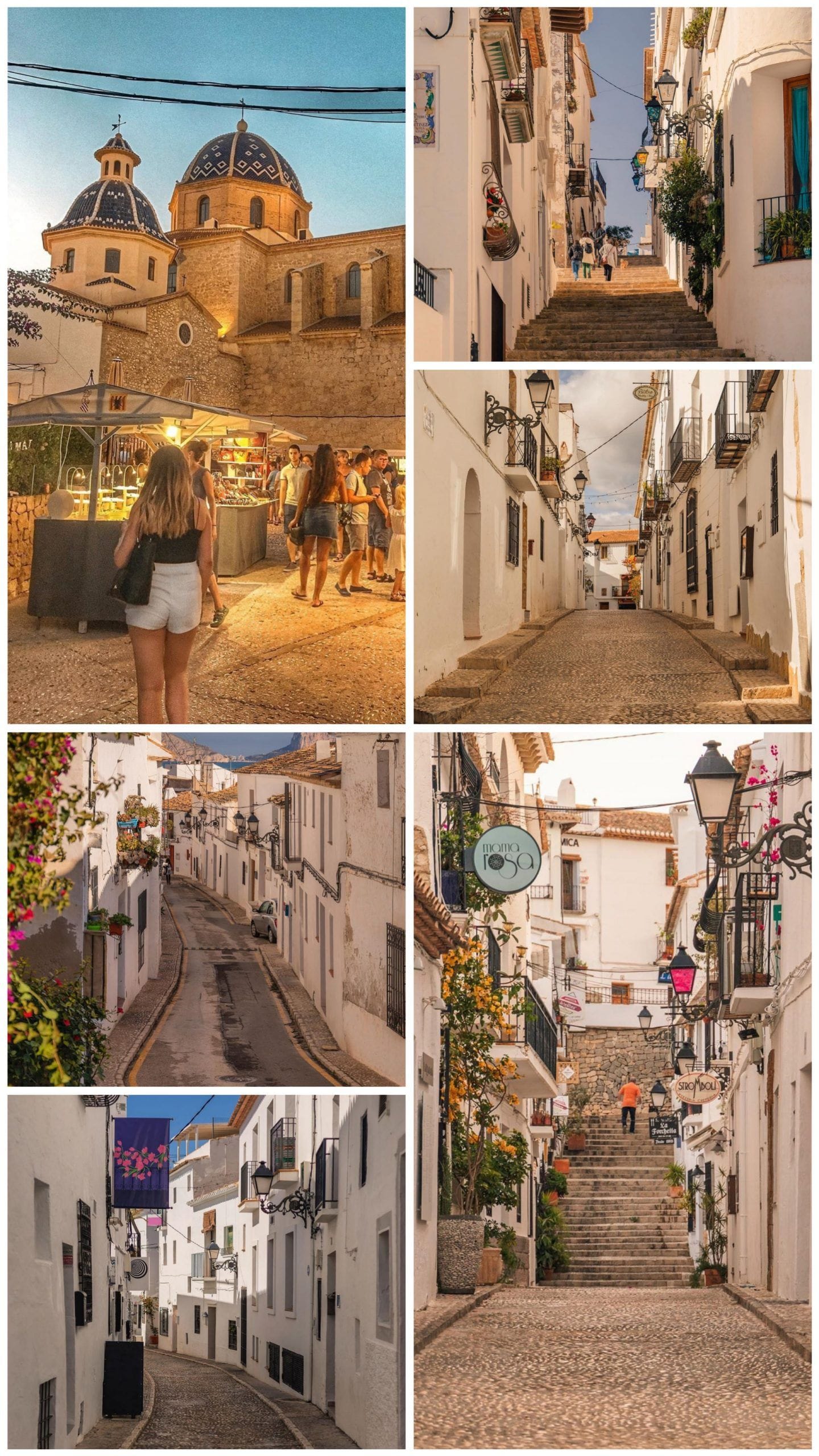 Calles empedradas y casas blancas del casco antiguo de Altea, pueblo blanco de la Costa Blanca