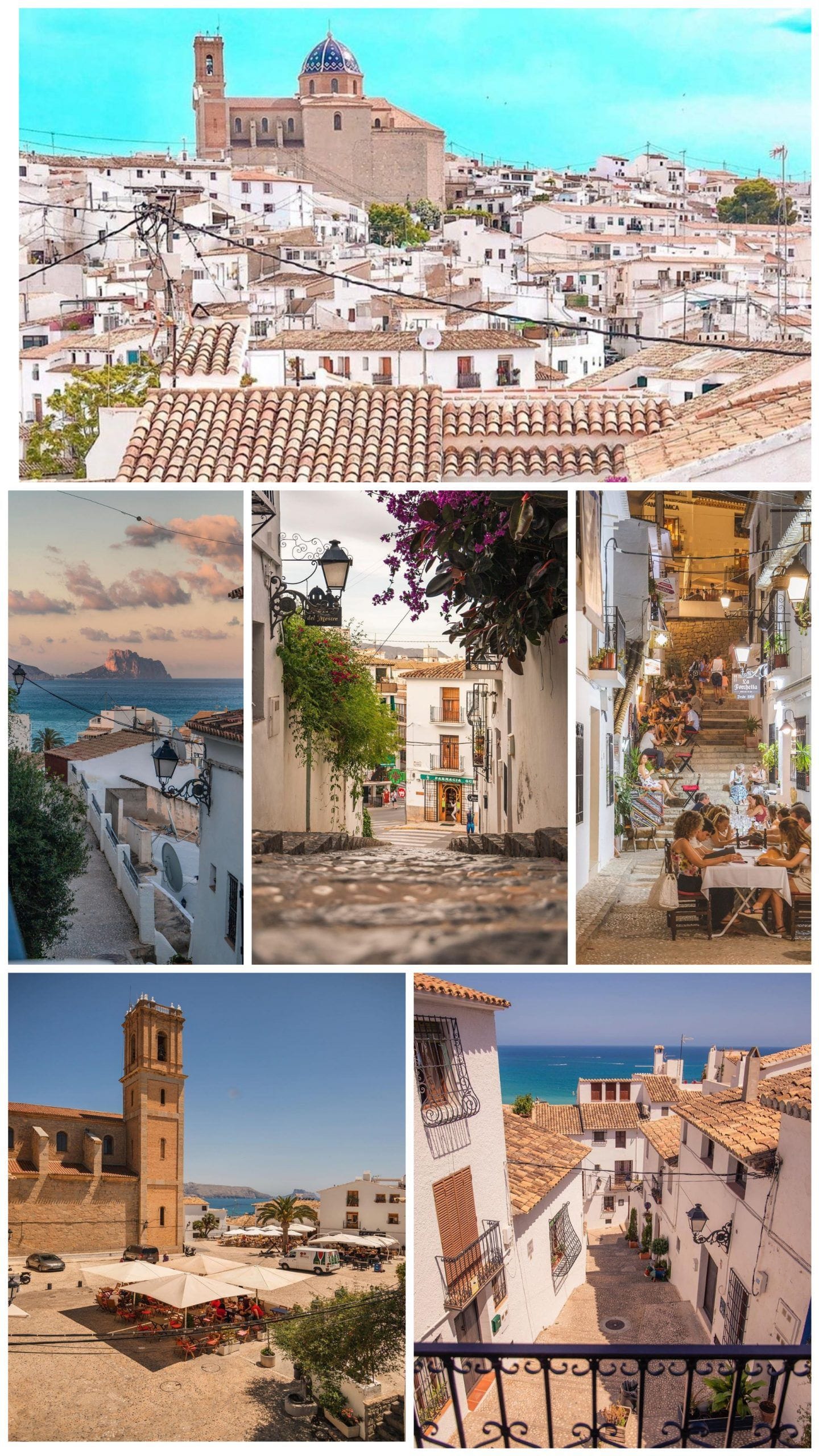 Iglesia de Nuestra Señora del Consuelo con cúpula azul y vistas del casco antiguo de Altea, Alicante