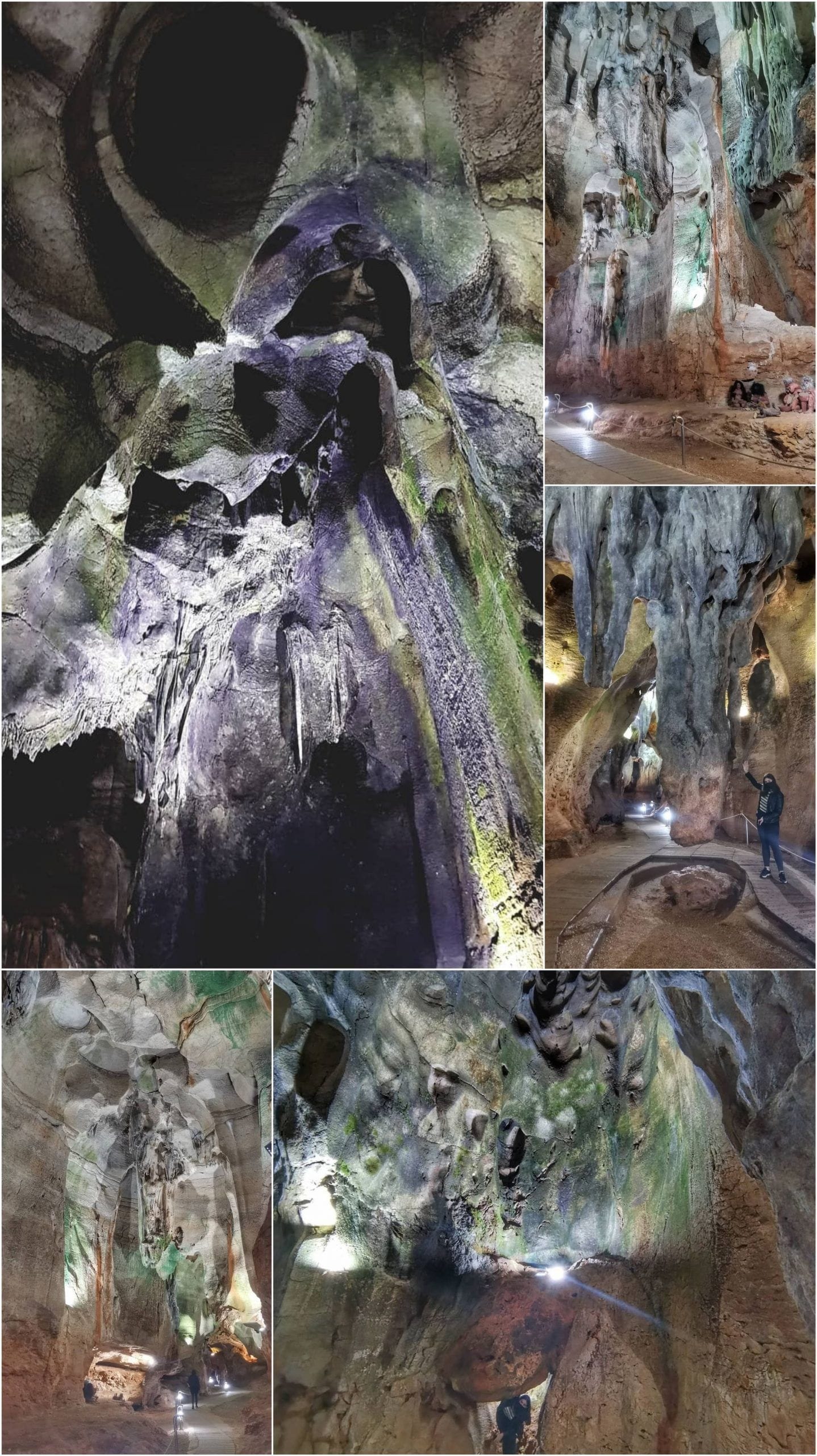 Interior de la Cueva de las Calaveras con estalactitas y bóvedas iluminadas, Benidoleig, Alicante