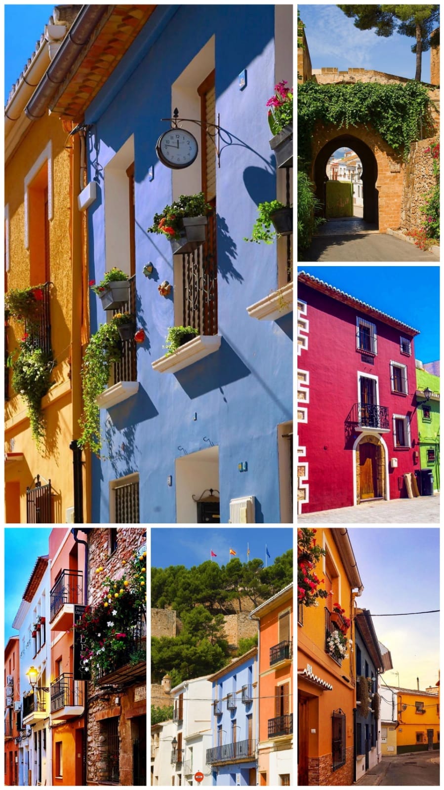 Casas de colores del casco antiguo de Dénia con el castillo al fondo, Alicante