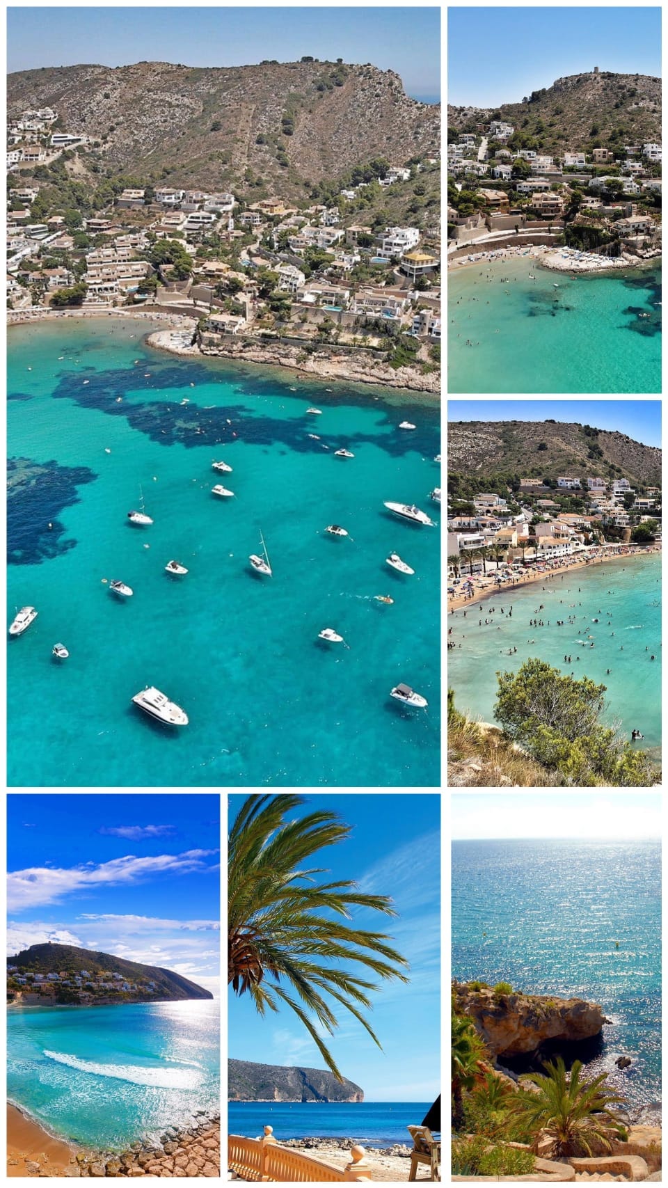 Calas de aguas turquesas de Moraira con barcos y la playa de El Portet, Alicante