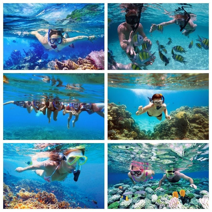 Viajeros haciendo snorkel entre peces y corales en las aguas cristalinas de Moraira