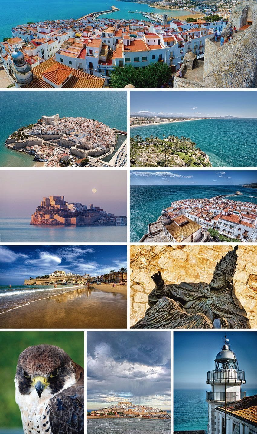 Castillo del Papa Luna, faro y vistas aéreas del casco antiguo de Peñíscola, Castellón