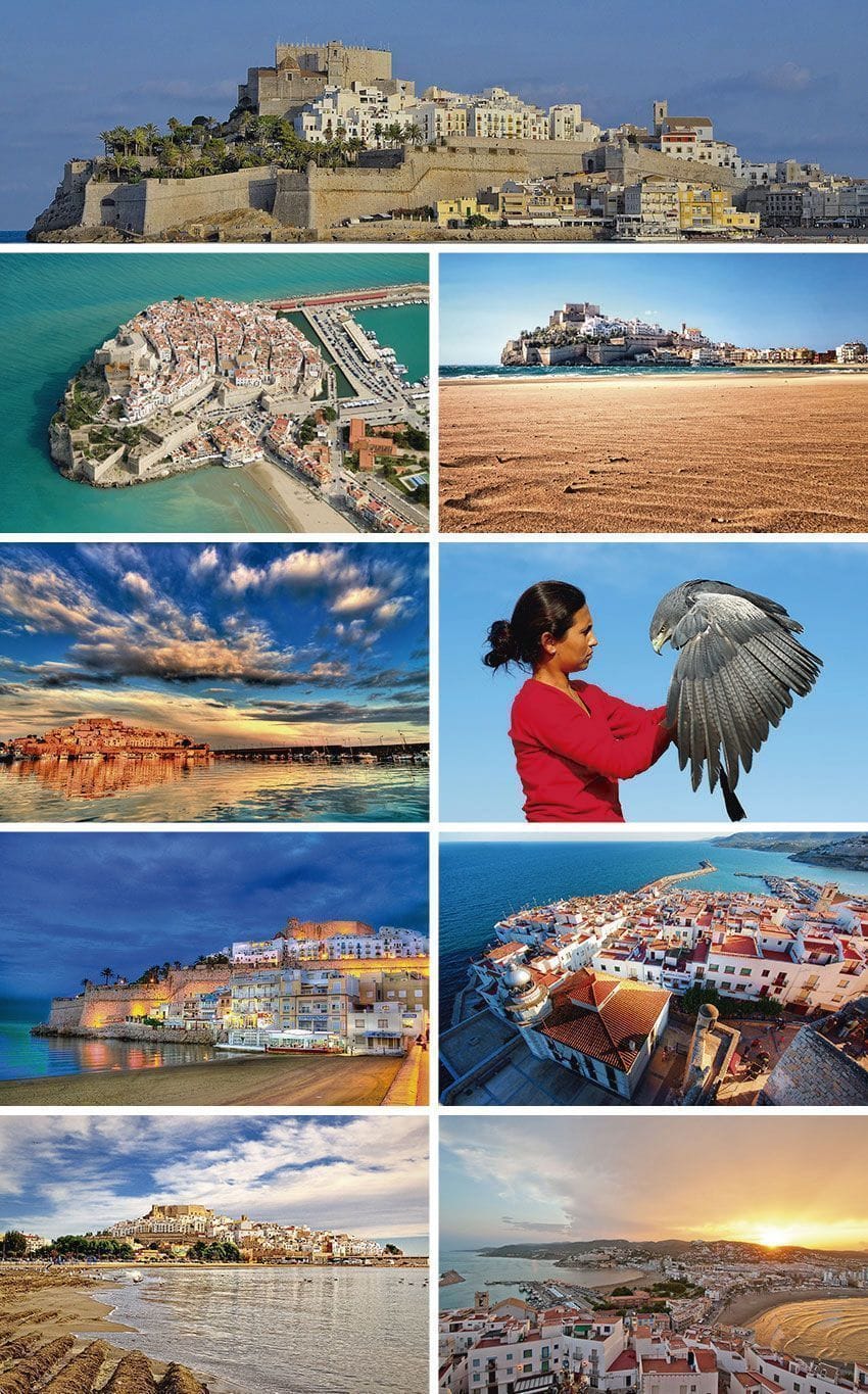 Ciudad amurallada de Peñíscola sobre el mar con sus playas al atardecer