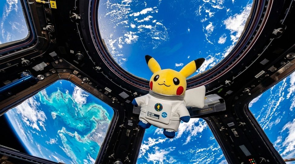 Peluche de Pikachu astronauta y paneles de la exposición de la ESA y Pokémon en el Museu de les Ciències de Valencia