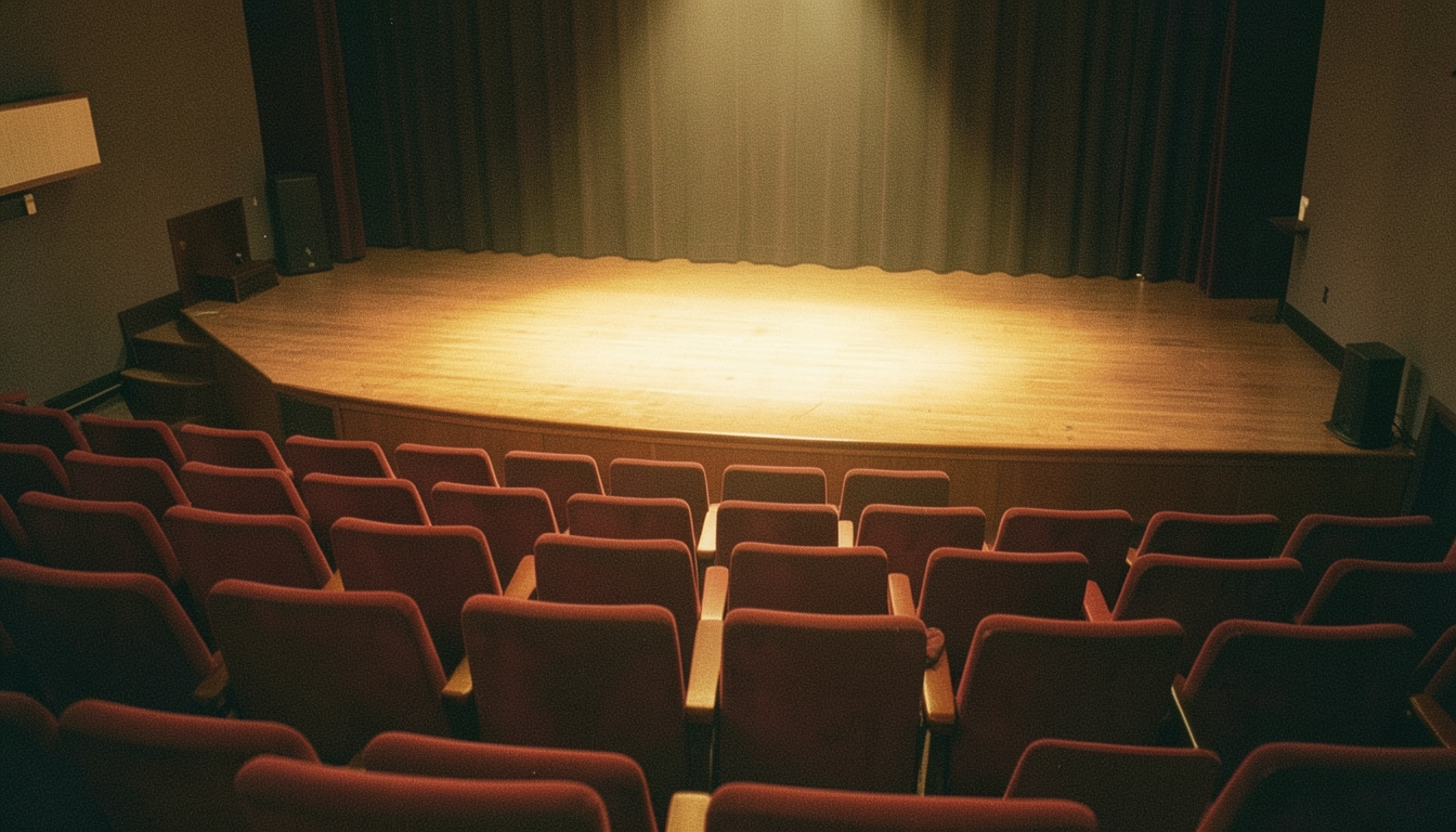 Interior de un teatro íntimo con butacas rojas y foco cálido sobre el escenario