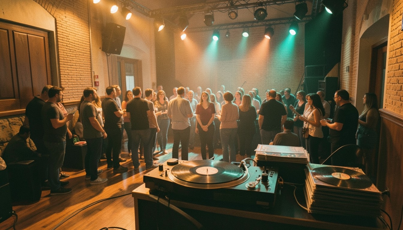Público disfrutando de un concierto en una sala con luces de escenario
