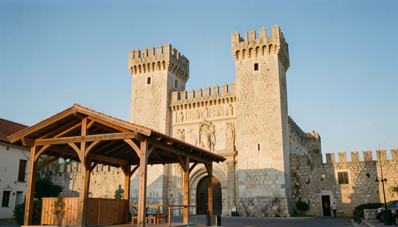 Torres de Serranos de València con un pabellón moderno delante al atardecer