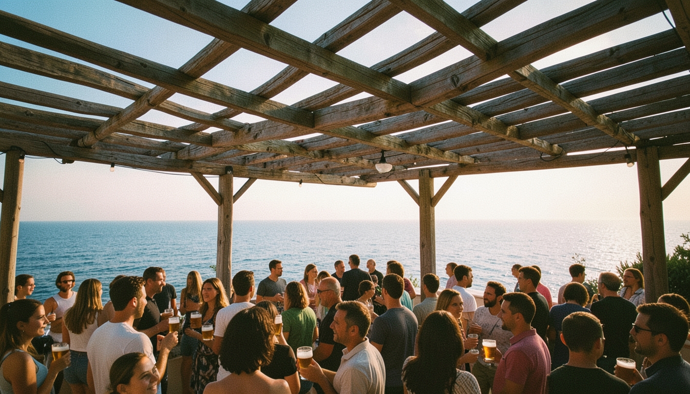 Concierto al aire libre junto al mar en una pérgola de madera al atardecer