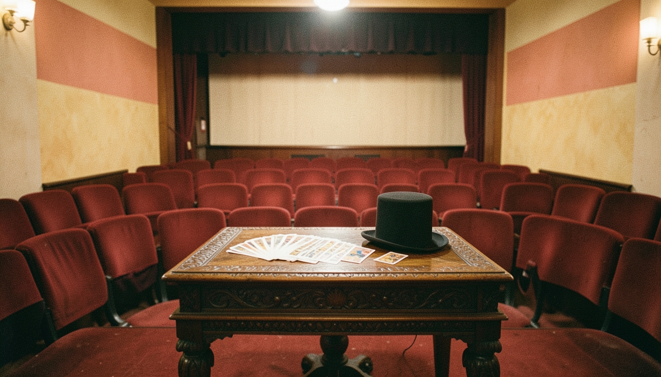 Pequeño teatro con una mesa de mago, una baraja y un sombrero de copa bajo luz cálida