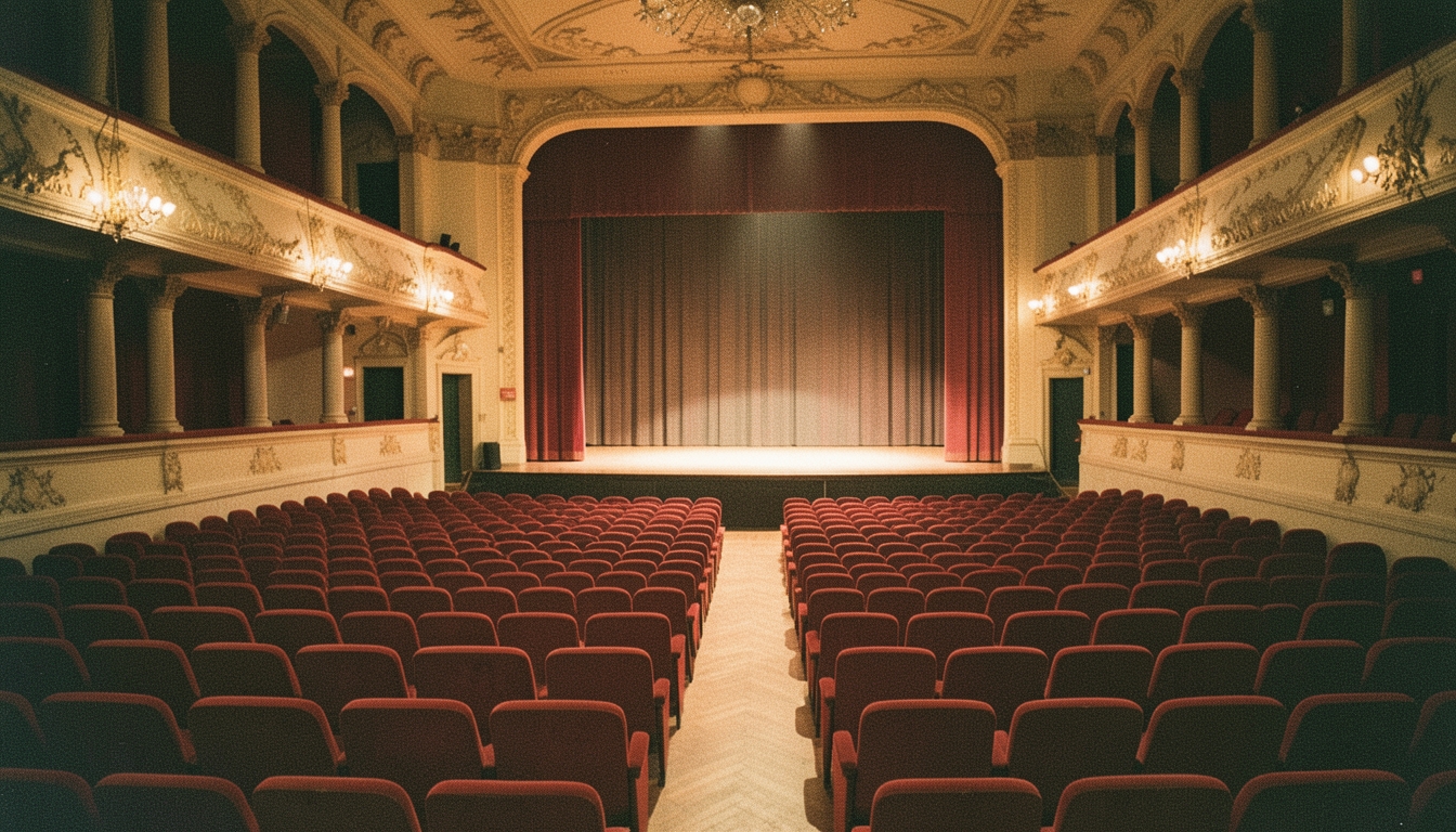 Sala de teatro con butacas rojas y escenario iluminado