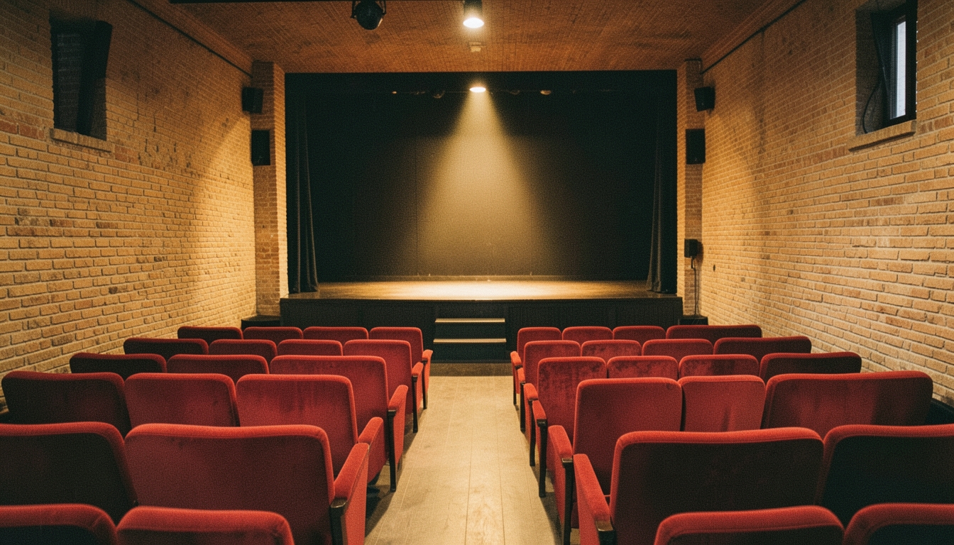 Pequeña sala de teatro con butacas rojas y escenario iluminado por un foco cálido
