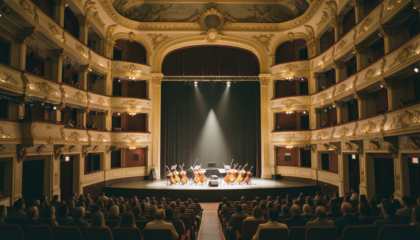 Auditorio clásico con palcos dorados y un foco sobre el escenario con instrumentos de cuerda