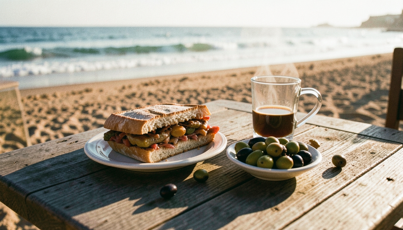 Bocadillo, café y aceitunas en una terraza junto al mar