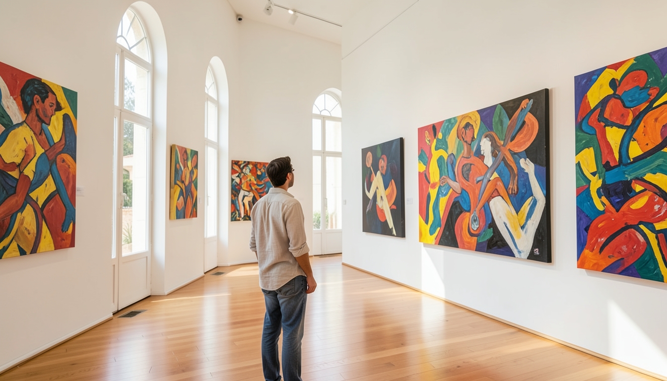Visitante ante obras de arte contemporáneo en una galería luminosa