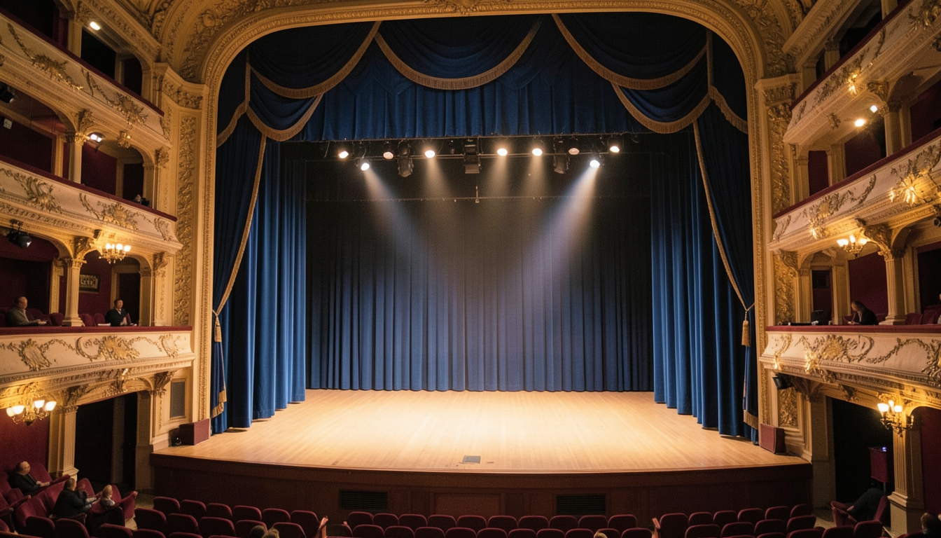 Gran escenario de ópera con cortinas azules y luces cálidas