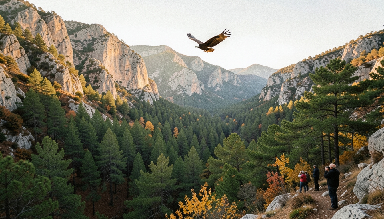 Buitre sobrevolando un valle de montaña en el interior de Valencia