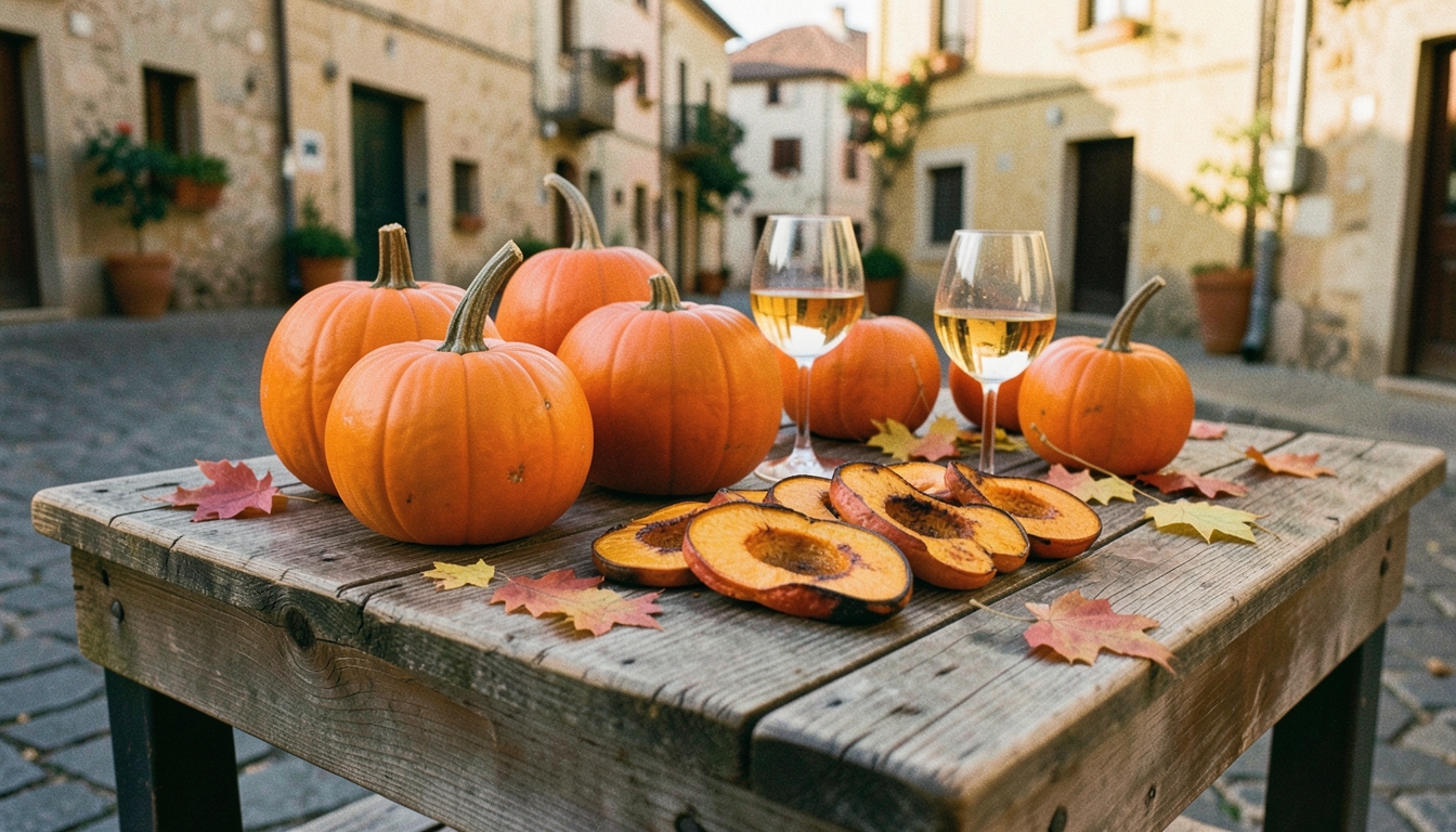 Calabazas naranjas y merienda de otoño en una plaza mediterránea