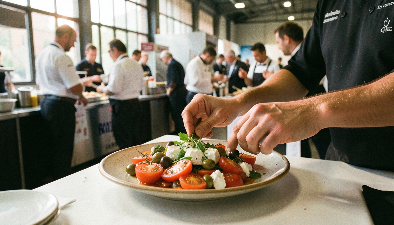 Cocinero emplatando un plato mediterráneo en una feria gastronómica