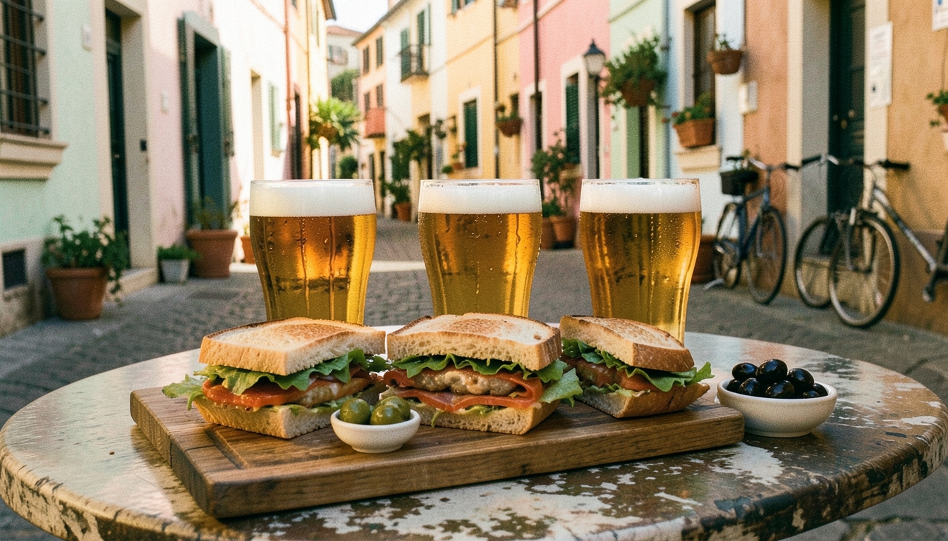 Bocadillos y cervezas sobre una mesa al aire libre al atardecer