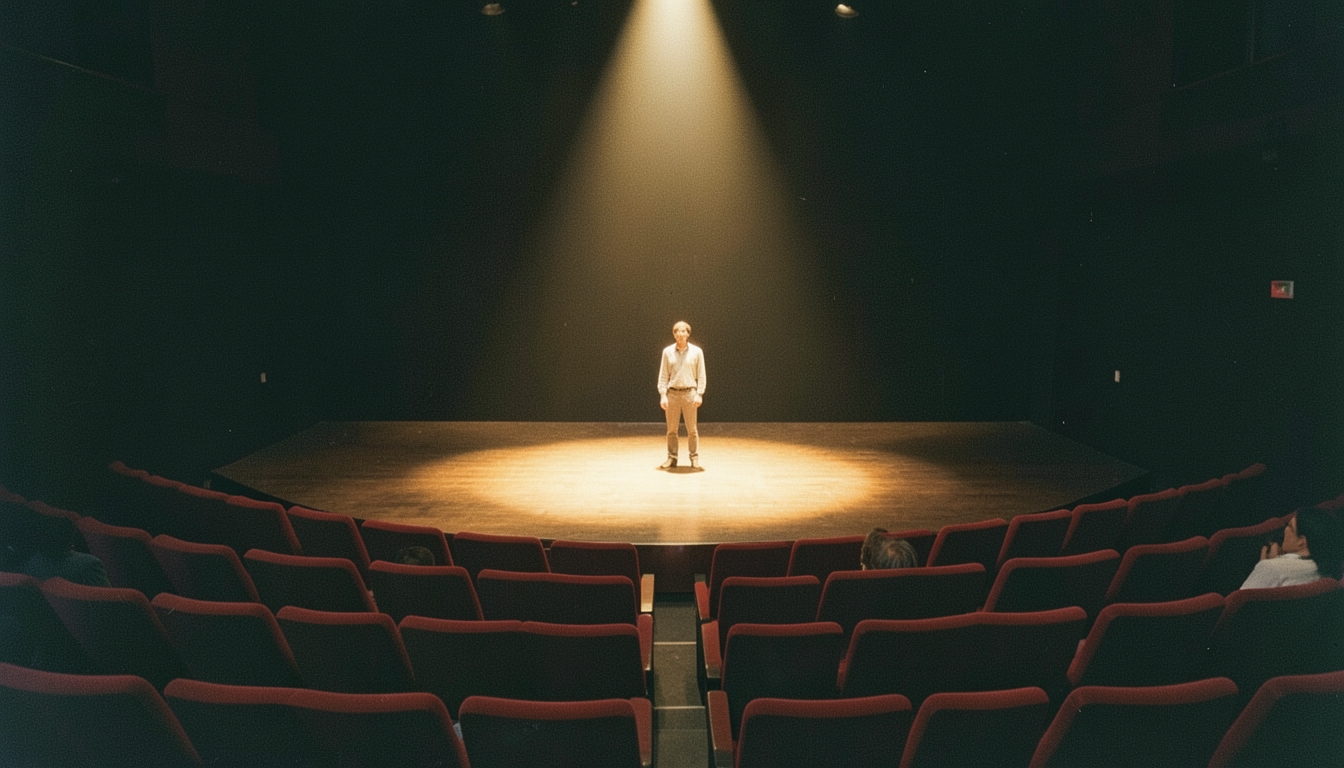 Actor solo sobre el escenario de un teatro pequeño bajo un foco cálido, con butacas rojas al fondo