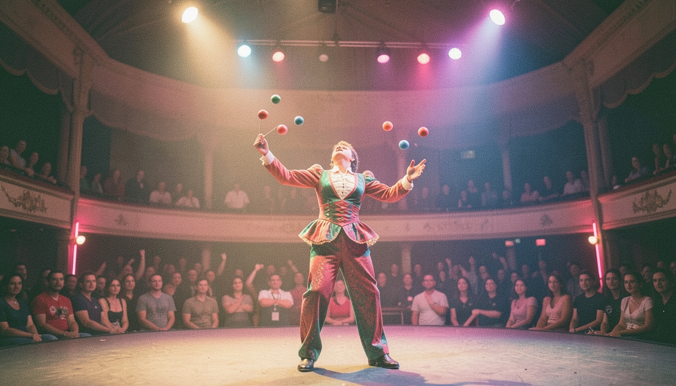 Artista de circo con malabares bajo luces de neón rosas y azules en un teatro, ambiente años 80