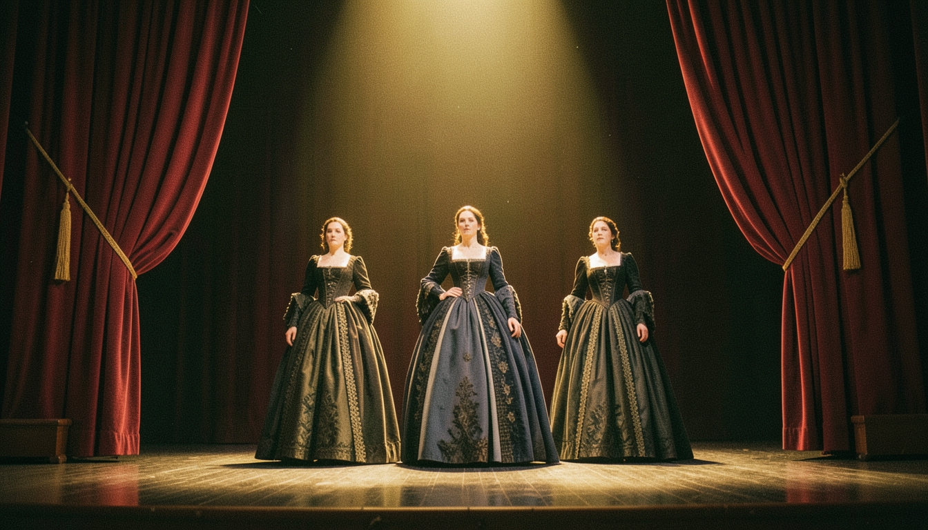 Tres actrices con vestuario de época en el escenario de un teatro bajo un foco dorado y cortinas rojas
