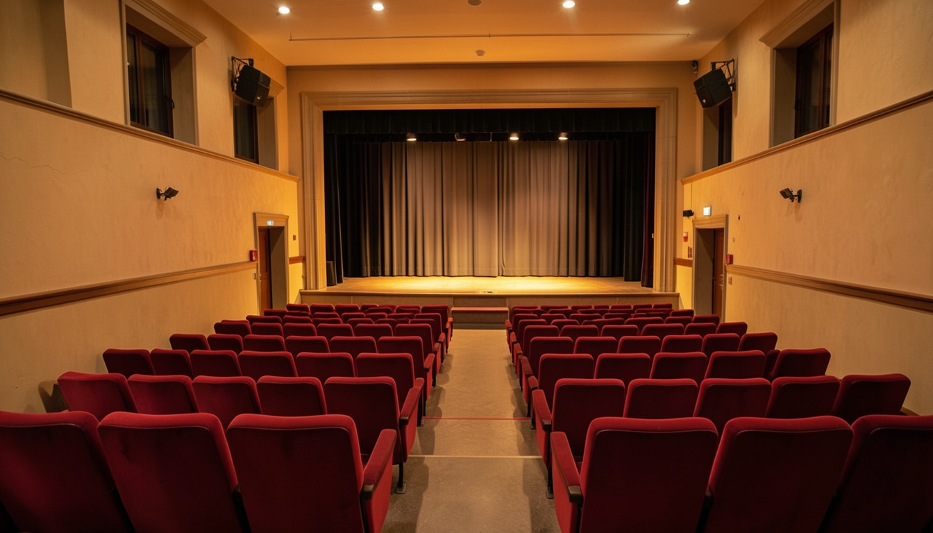 Sala de teatro con butacas rojas y luz cálida sobre el escenario