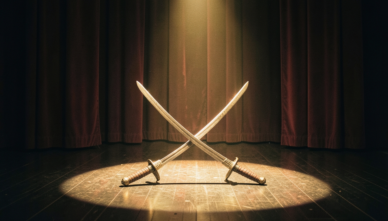 Dos espadas antiguas cruzadas sobre el suelo de un escenario de teatro iluminado