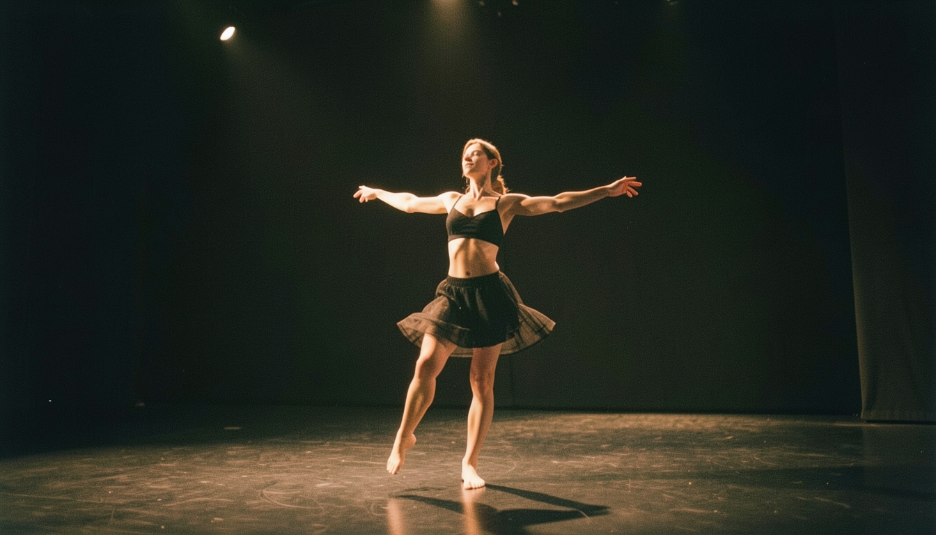 Bailarina en solitario en una sala de teatro con luz cálida