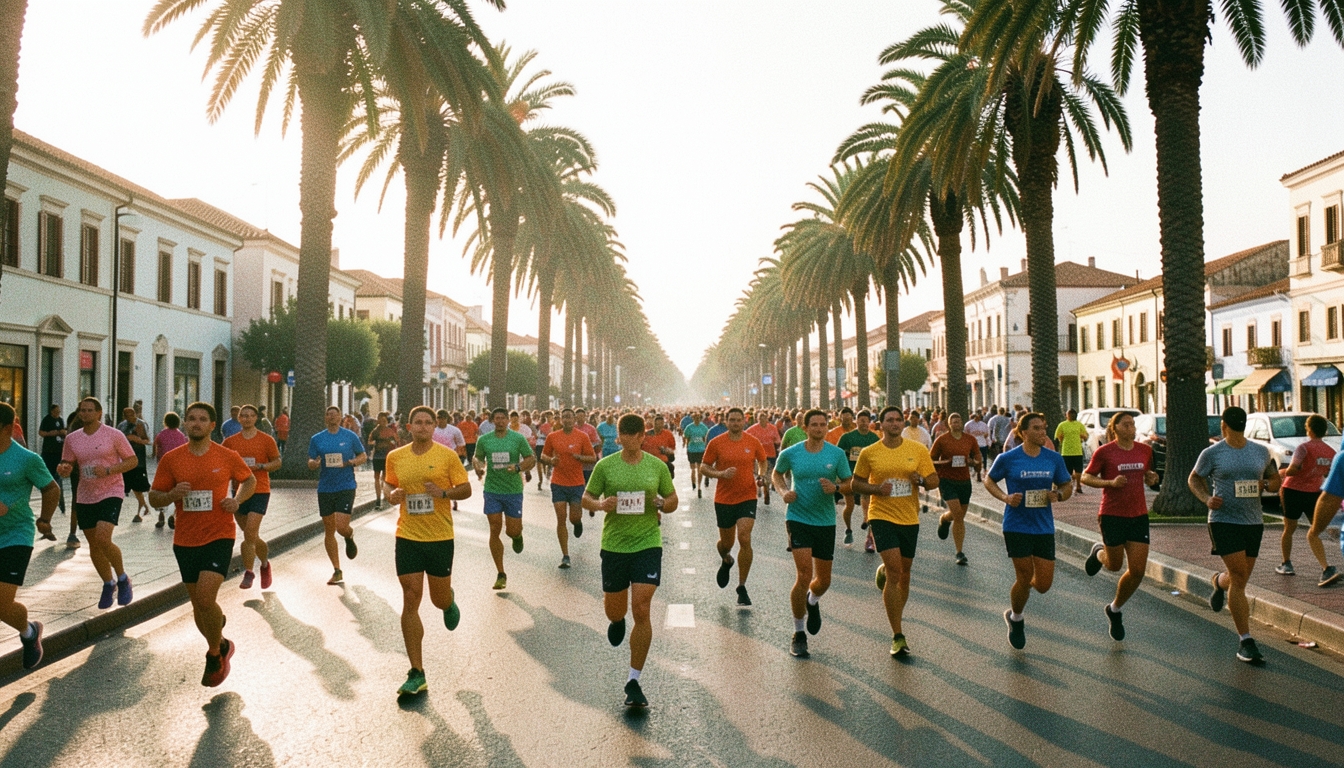 Corredores en el Medio Maratón de Valencia por una avenida con palmeras