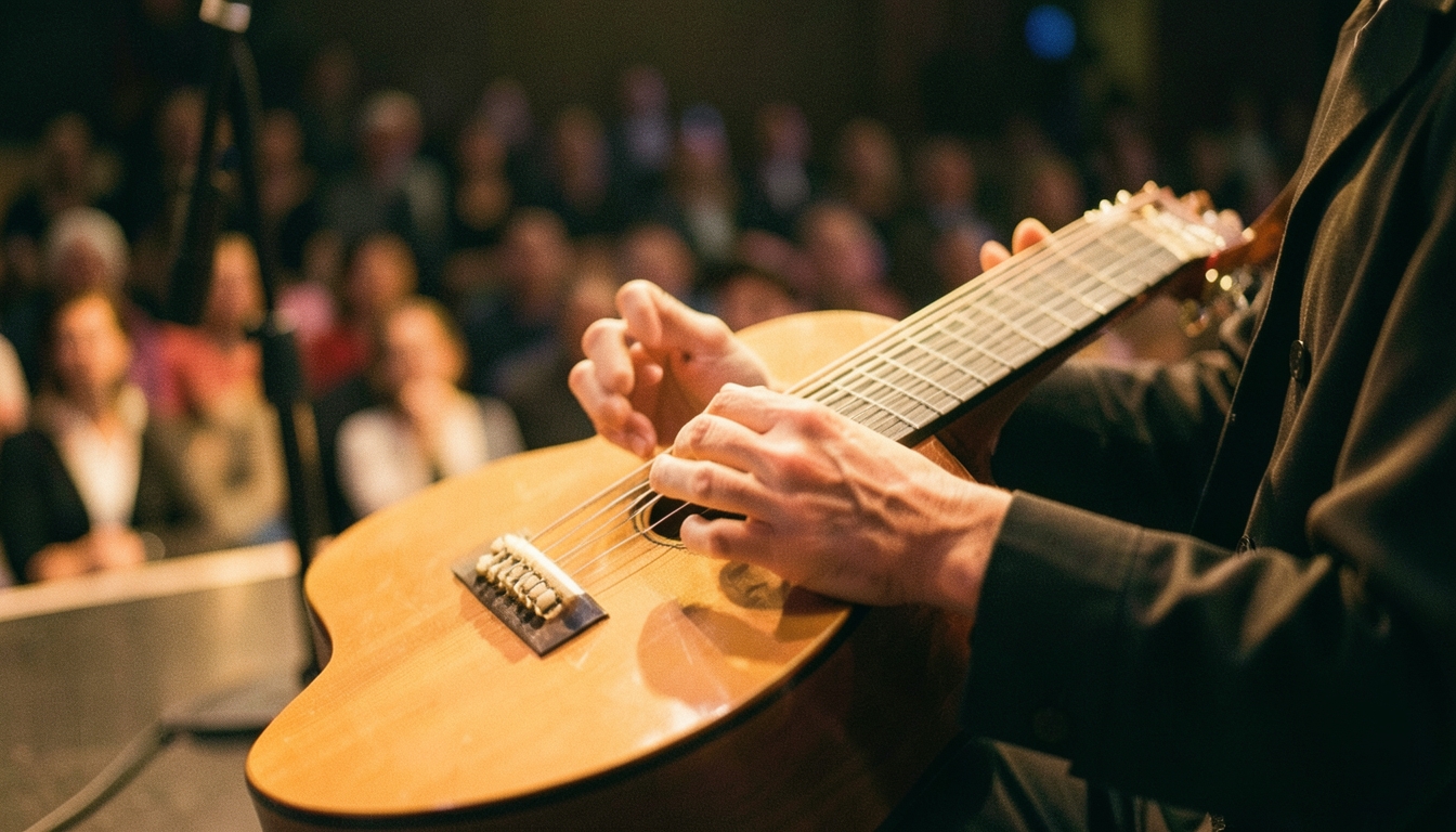 Guitarrista flamenco tocando en un escenario con luz cálida
