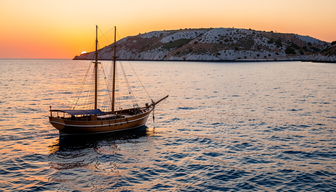 Velero tradicional de madera en el mar Mediterráneo al atardecer