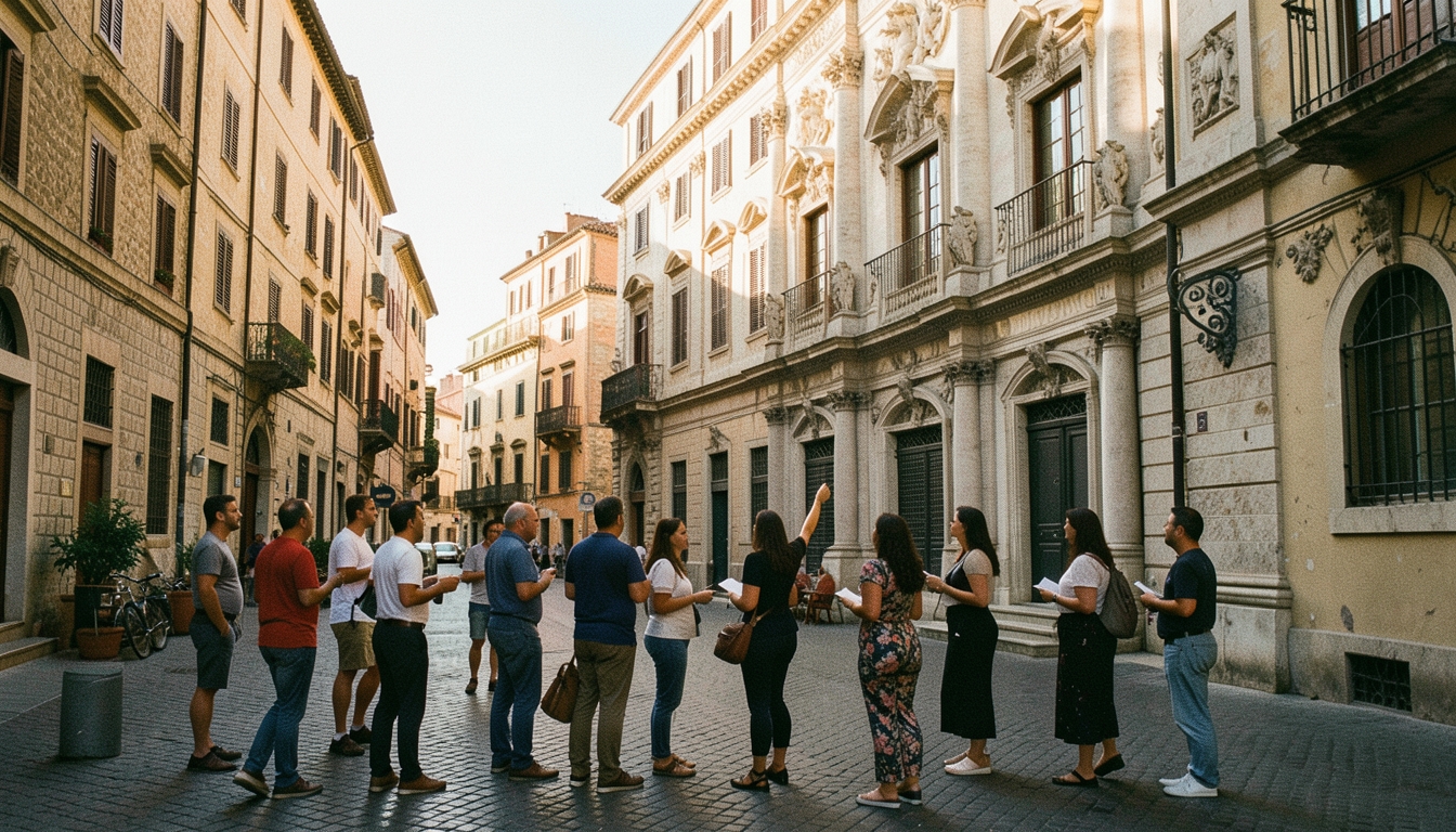 Grupo en una visita guiada por una calle histórica mediterránea