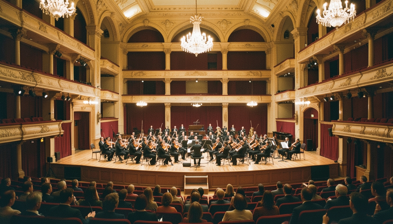 Orquesta sinfónica sobre el escenario de una sala de conciertos