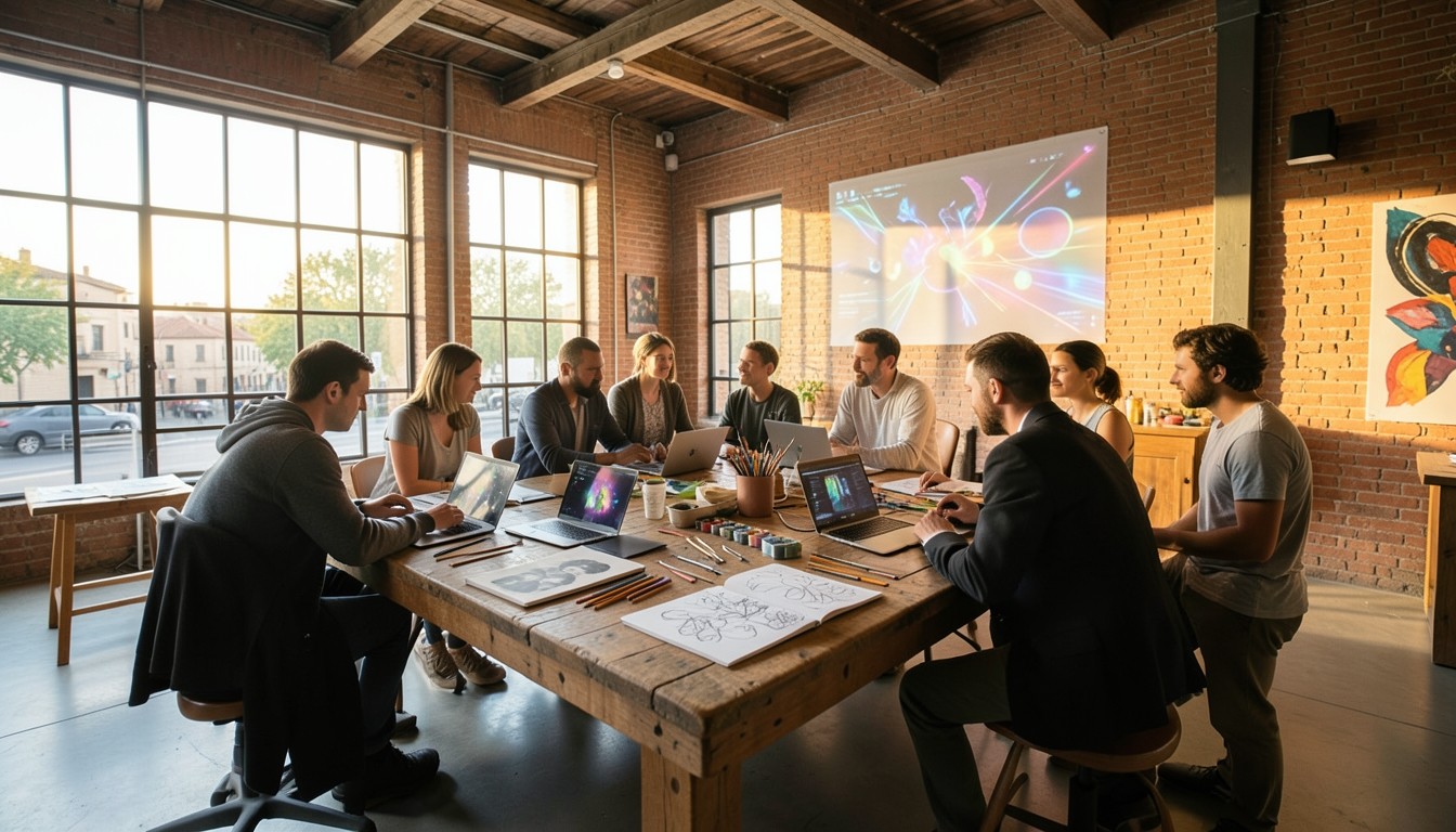 Personas trabajando en un taller de diseño creativo con ordenadores