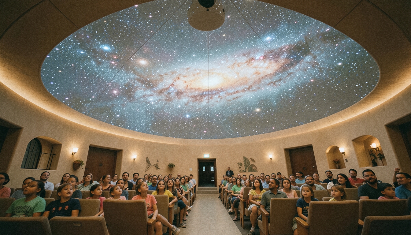 Sala de proyecciones con pantalla cóncava gigante y familias mirando una imagen del espacio