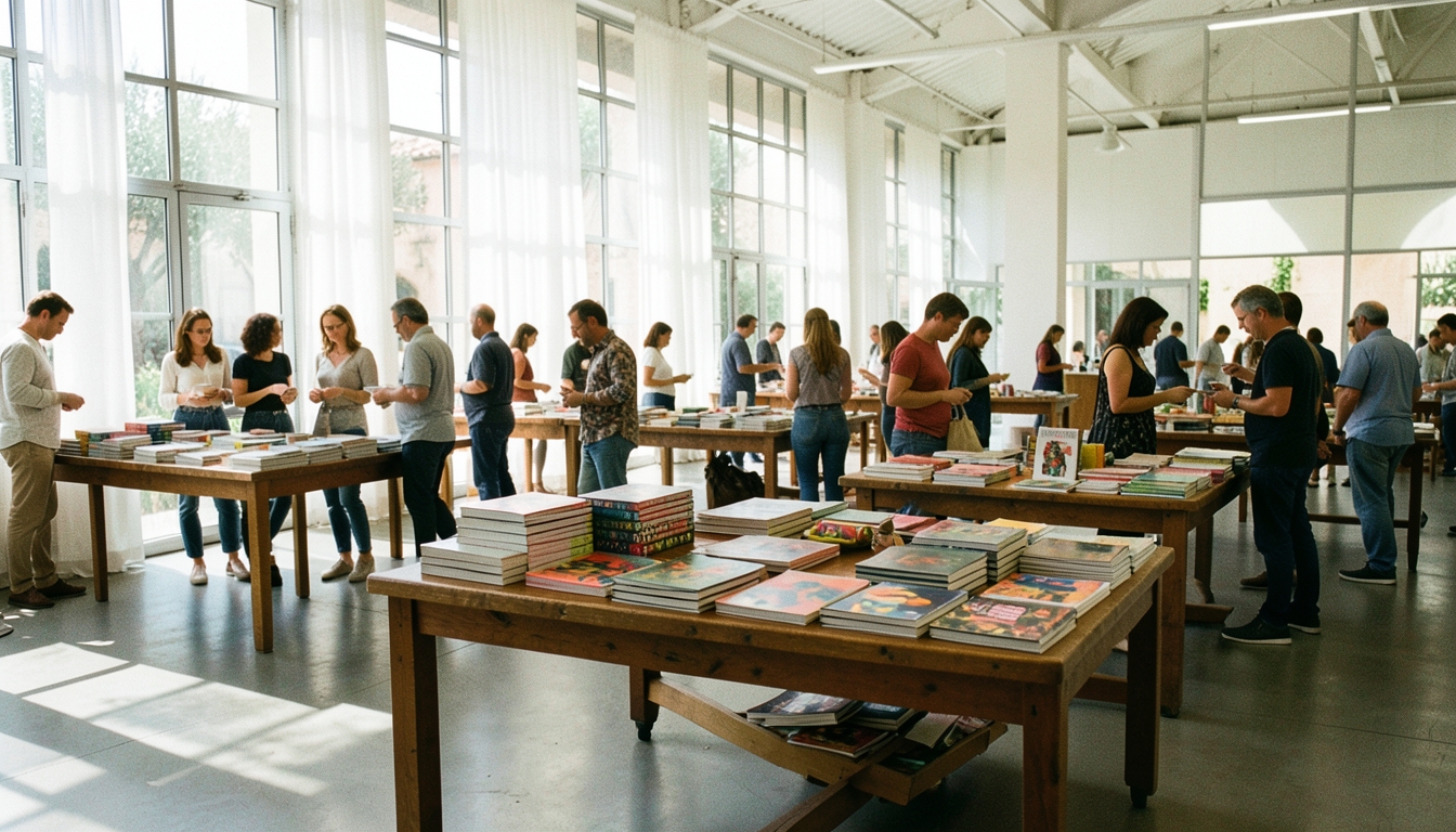 Feria de libros de arte y fanzines con mesas llenas de publicaciones