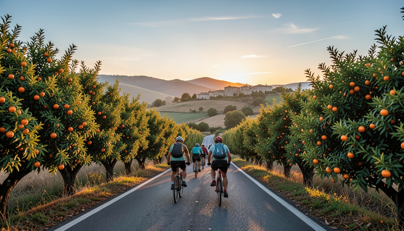 Ciclistas por una carretera rural de la Vall d'Albaida al atardecer