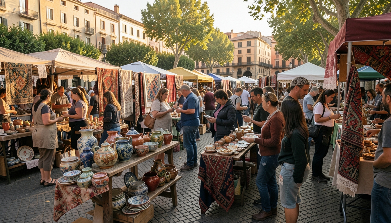 Mercado artesano al aire libre con puestos de cerámica y textiles en un parque de ciudad al atardecer
