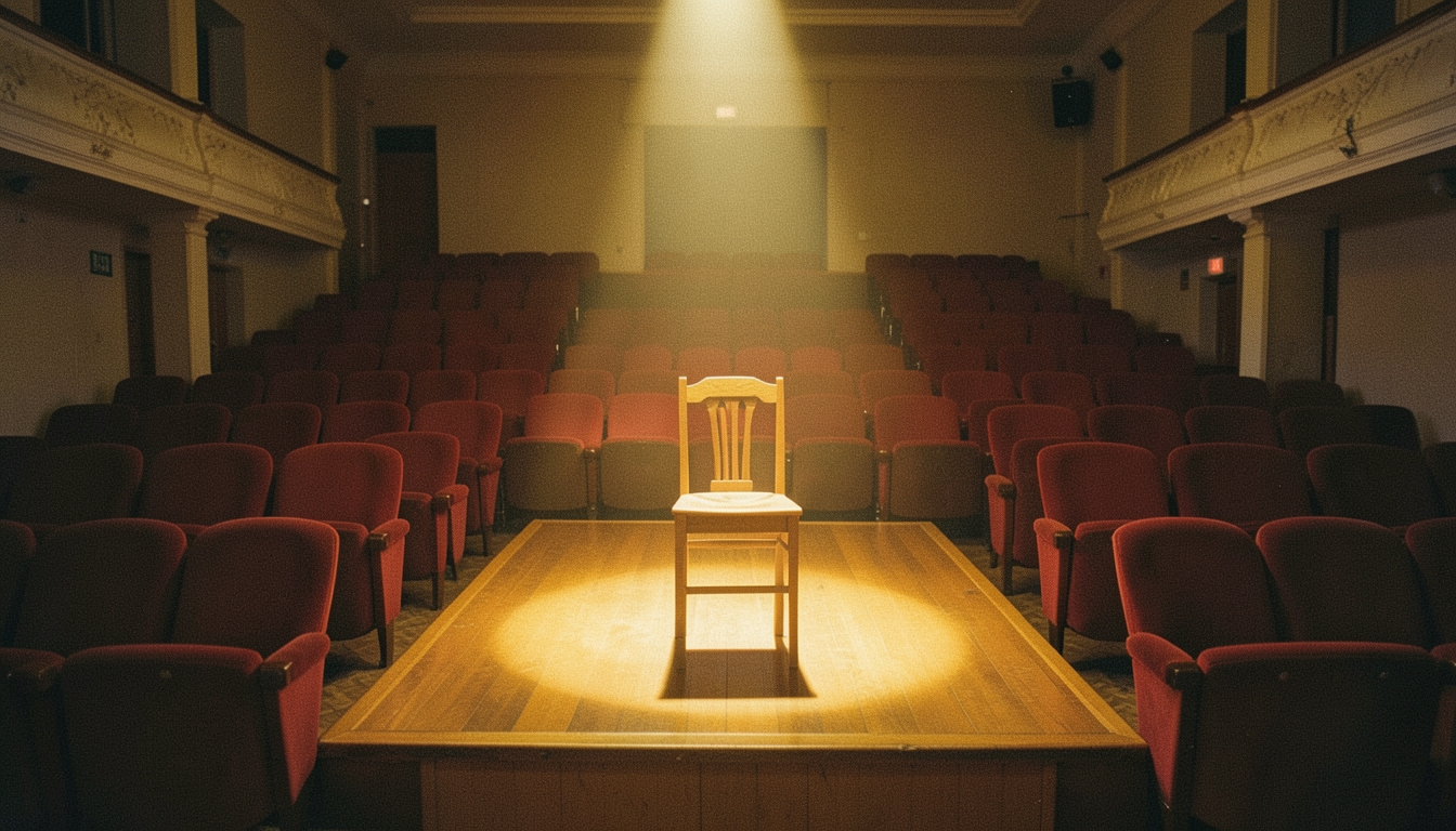 Escenario de un pequeño teatro con una silla y un foco de luz cálida frente a butacas rojas