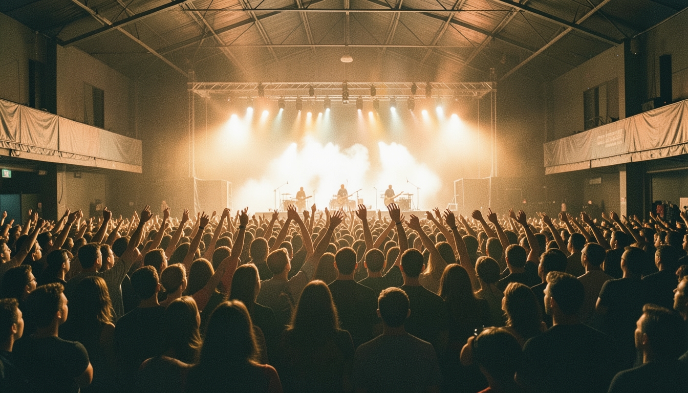 Público con los brazos en alto en un concierto de rock con luces cálidas