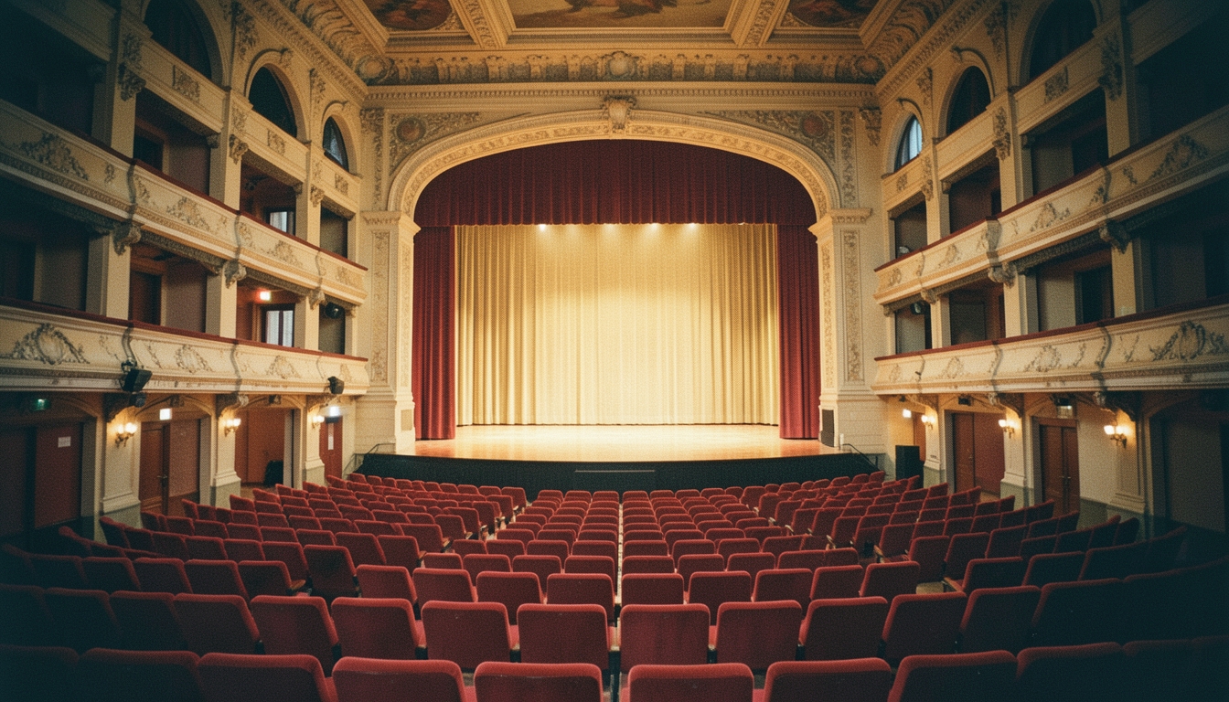Interior de un teatro histórico con butacas de terciopelo rojo y luz cálida