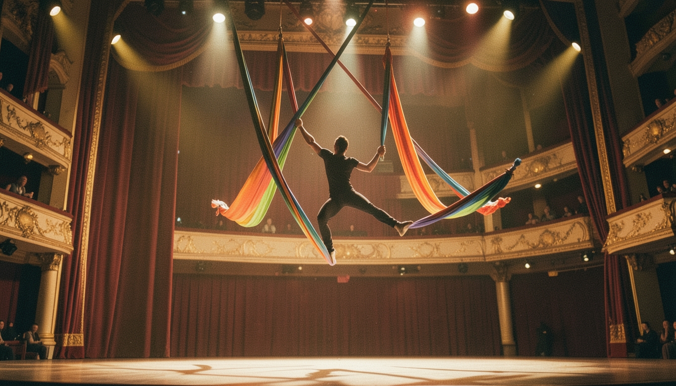 Artista de circo en el escenario de un teatro con luces cálidas