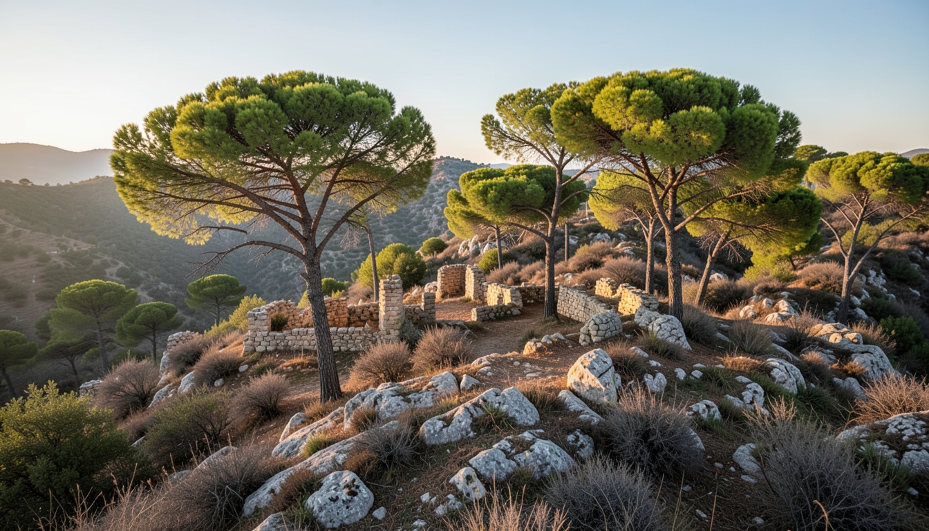 Colina mediterránea con pinos y restos de piedra al atardecer